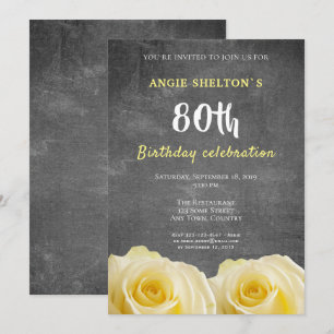 Modern Yellow Rose Chalkboard 80th Birthday Party Invitation