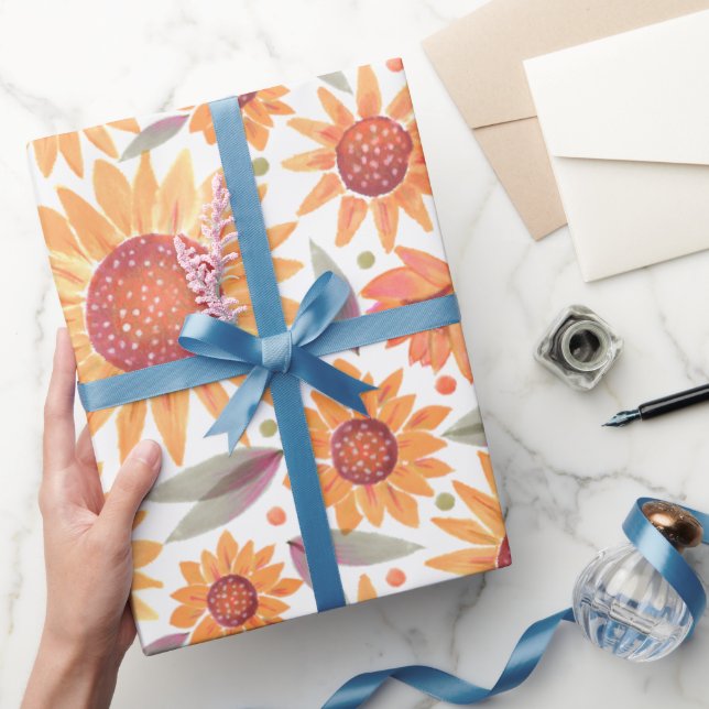 Modern Yellow & Sage Painted Sunflowers Gift Wrapping Paper (Gifting)