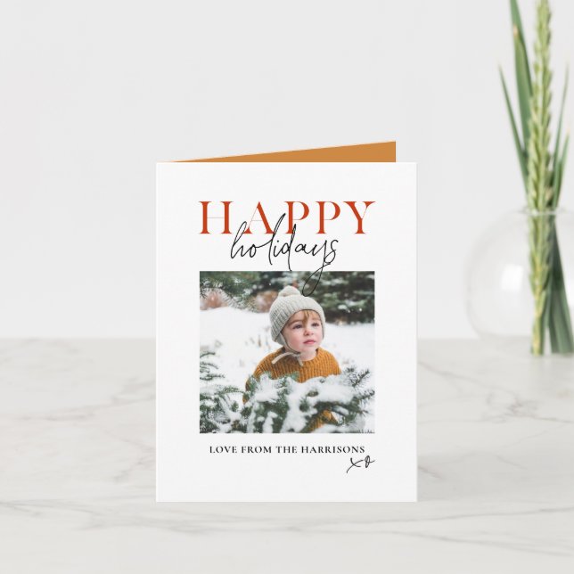 Modern Yellow Script Family Kids Photo Happy Holiday Card (Front)