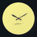 Modern yellow script name large clock<br><div class="desc">Modern clock with a sunny yellow background and a hand lettered black girly script name. Personalize with your name</div>