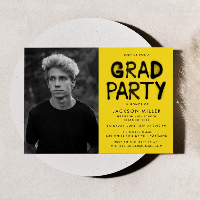 Modern Yellow Spray Paint Photo Graduation Party Invitation (Creator Uploaded)