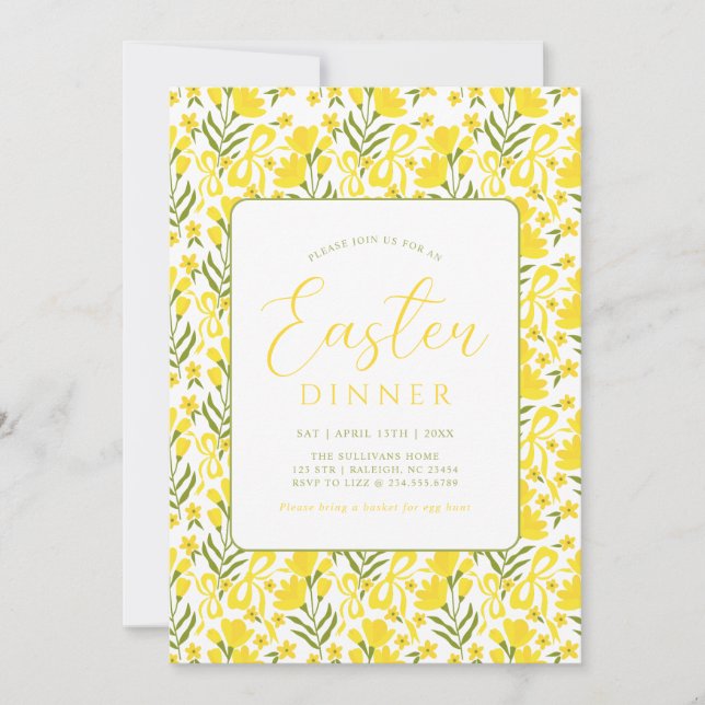 Modern Yellow Spring Floral Bow Easter Dinner Invitation (Front)