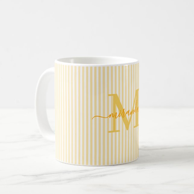 Modern Yellow Stripe Monogram Name Coffee Mug (Front Left)