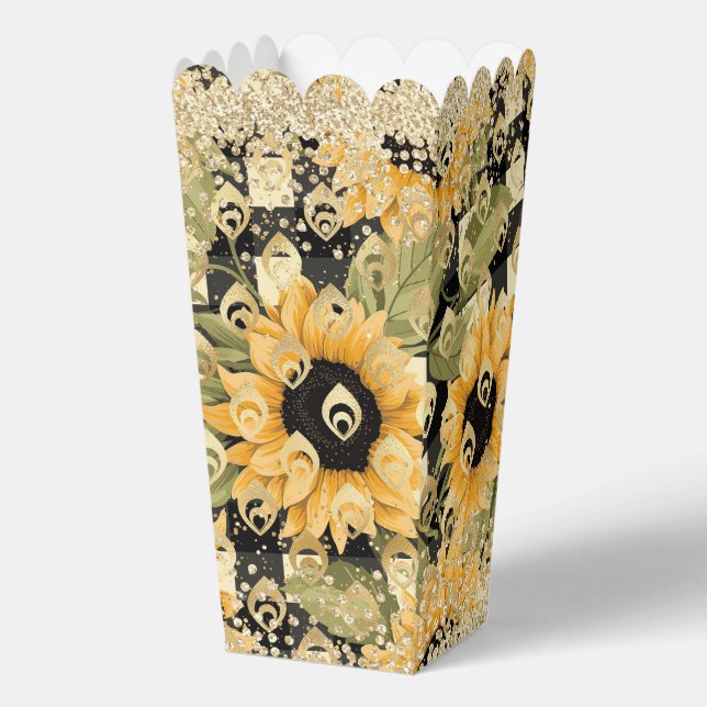 Modern Yellow Sunflower Chequerboard Gold Glitter Favor Box (Front)