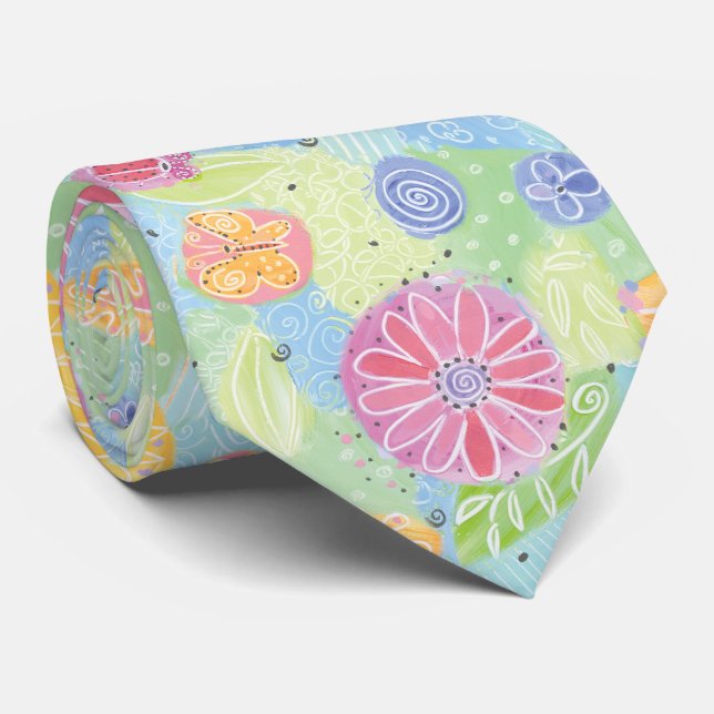 Modern Yellow Sunflower Dragonfly Floral Pattern Tie (Rolled)