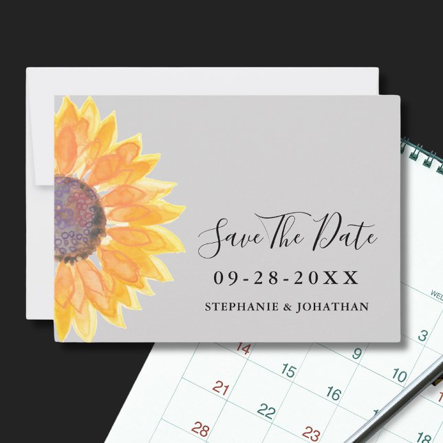 Modern Yellow Sunflower Grey Save The Date (Creator Uploaded)