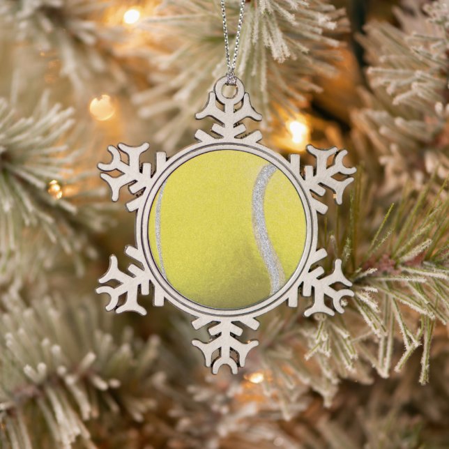 Modern Yellow Tennis Ball With Faux Glitter Line   Snowflake Pewter Christmas Ornament (Tree)