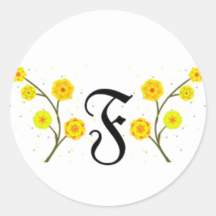 Modern yellow watercolor floral monogram name classic round sticker