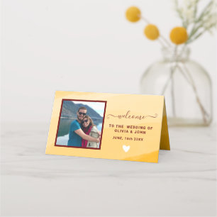 Modern Yellow Watercolor photo wedding Folded Place Card