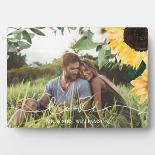 Modern Yellow Watercolor Sunflowers Photo Wedding Plaque