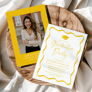Modern Yellow Wavy Frame Photo Graduation Party Invitation
