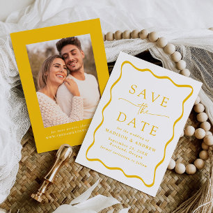 Modern Yellow Wavy Frame Photo Wedding Save The Date