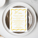 Modern Yellow Wavy Frame Wedding Menu<br><div class="desc">Add a vintage touch to your engagement party, rehearsal dinner, or wedding reception with this Modern Yellow Wavy Frame wedding menu. The design displays the couple's names, wedding date, and menu options in bold yellow lettering surrounded by a yellow wavy frame border against a white background. The retro wedding menu...</div>