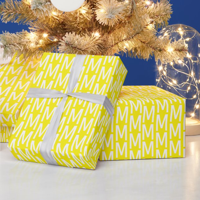 Modern yellow white custom monogram pattern gift wrapping paper (Holidays)