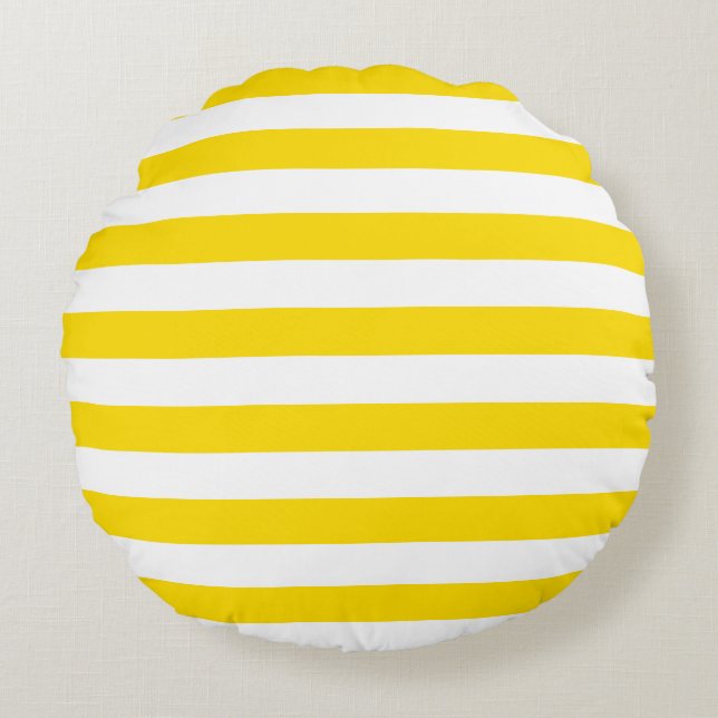 Modern Yellow White Striped Brushed Polyester Round Pillow (Front)