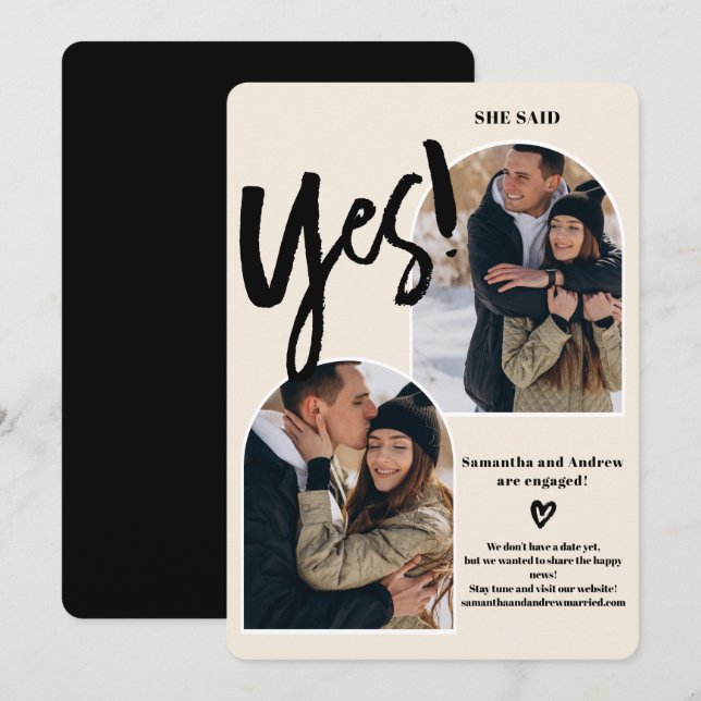Modern yes script 2 photos arch ivory engagement announcement (Front/Back)