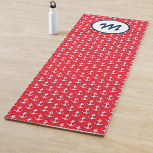 Modern Yoga Nautical Anchors Monogram Red Blue Mat