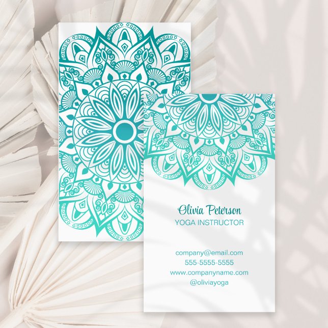 Modern Yoga Teacher Turquoise Mandala Business Card (Modern Yoga Teacher Turquoise Mandala Business Card on a sunny dry palm leaf.)