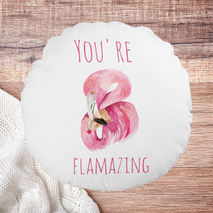 Modern You Are Flamazing Beauty Pink Flamingo Round Pillow