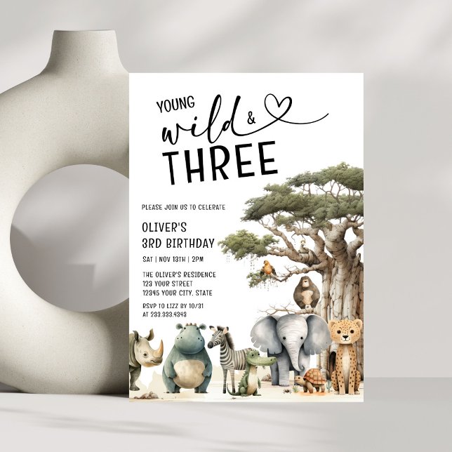 Modern Young Wild and Three Safari 3rd Birthday Invitation (Creator Uploaded)