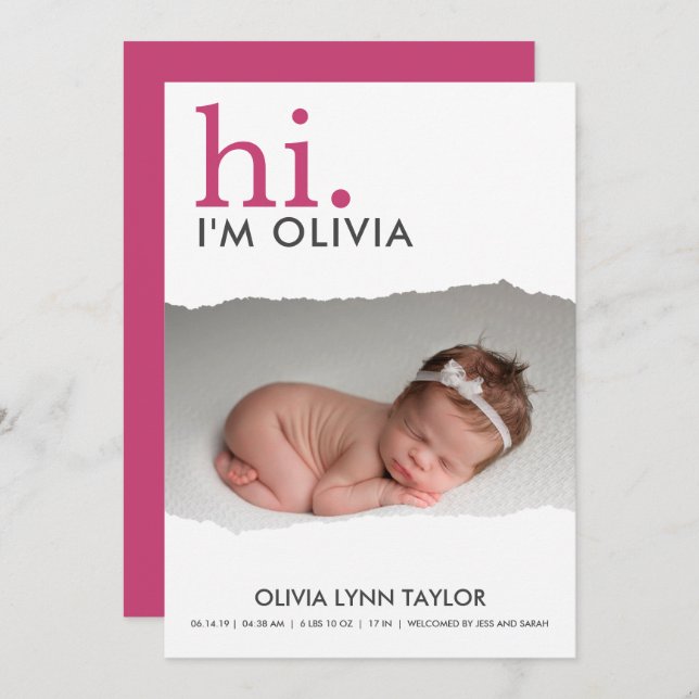 Modern Your Photo Torn Paper Birth Announcement (Front/Back)
