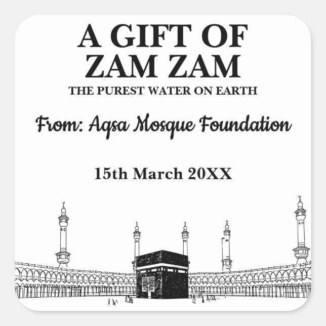 Modern Zam Zam Muslim Water Hajj Umrah Gift Square Sticker (Front)