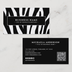 Modern Zebra Print Black & White QR Code & Socials Business Card