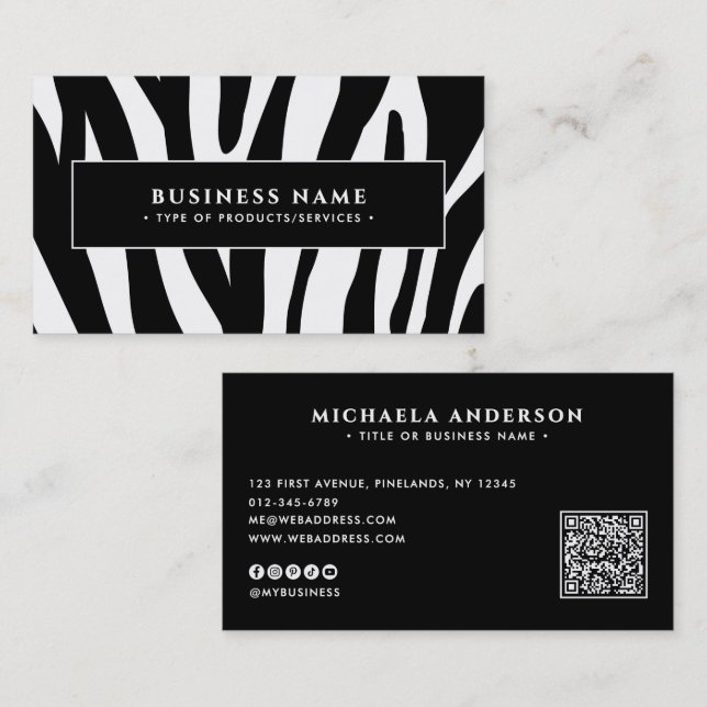 Modern Zebra Print Black & White QR Code & Socials Business Card (Front/Back)