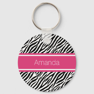 Modern Zebra Print With Pink Stripe and Name Keychain