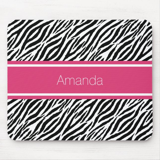 Modern Zebra Print With Pink Stripe and Name Mouse Pad (Front)