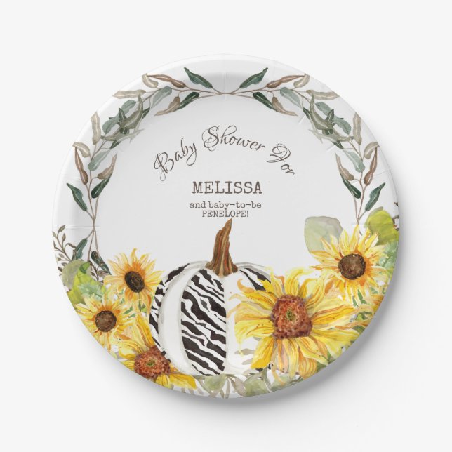 Modern Zebra White Pumpkin Sunflowers Baby Shower Paper Plate (Front)