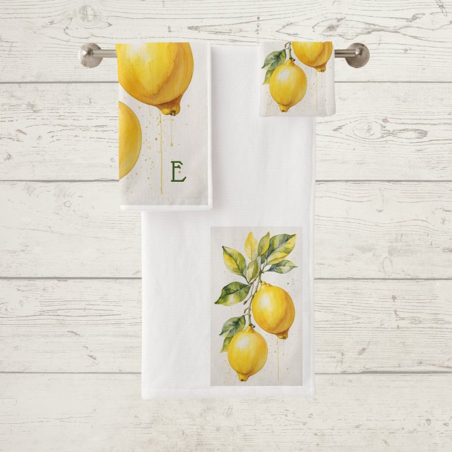 Modern Zesty Lemon Monogram Towel Set (Zesty lemons towel set with monogram)