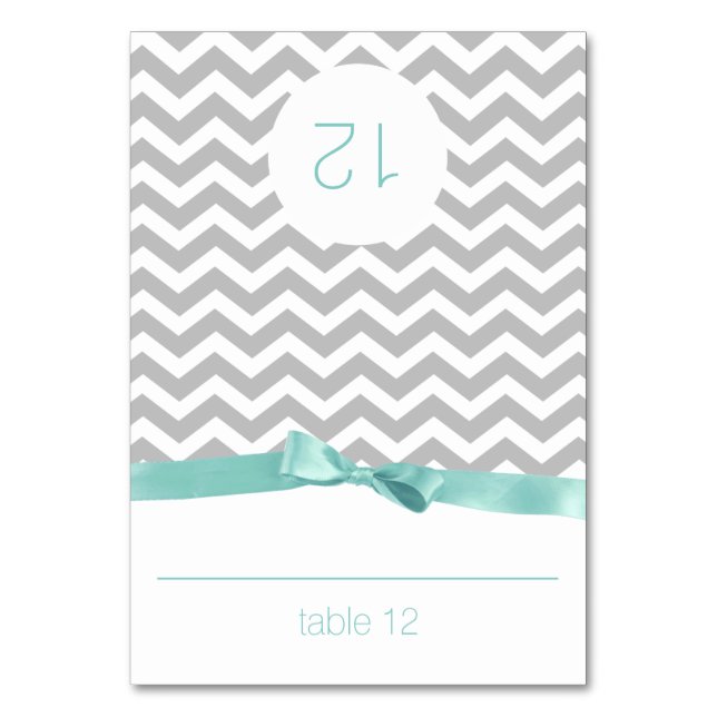 Modern Zig Zag and Aqua Bow Seating Card (Front)