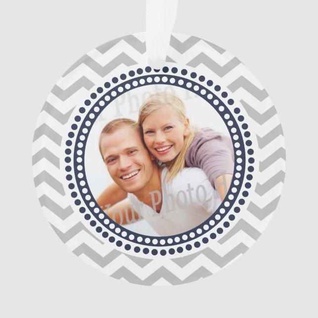 Modern Zigzag and Dots Navy Blue Photo Ornament (Front)