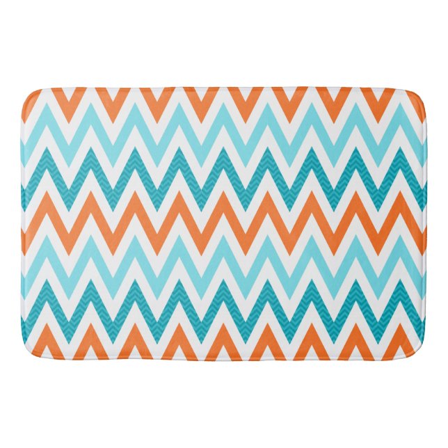 Modern ZigZag Chevron Orange Aqua Blue Pattern Bath Mat (Front)