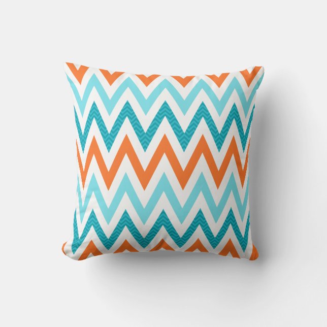 Modern ZigZag Chevron Orange Aqua Blue Pattern Throw Pillow (Front)