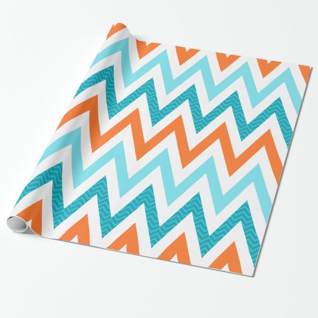 Modern ZigZag Chevron Orange Aqua Blue Pattern Wrapping Paper (Unrolled)