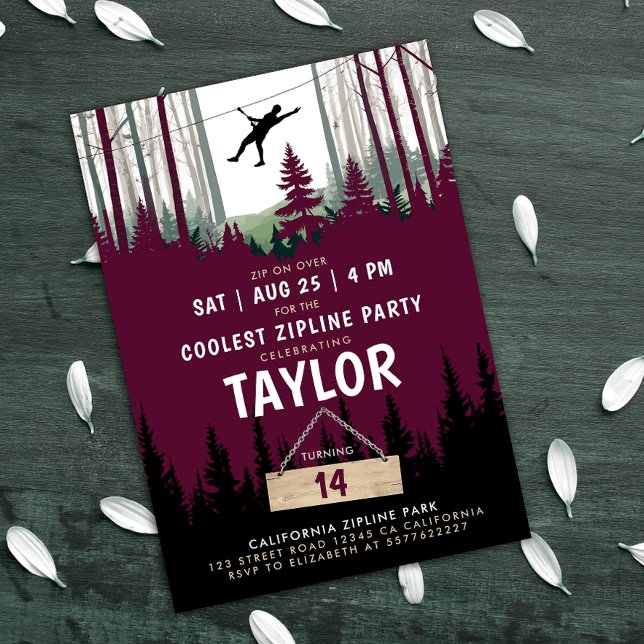 Modern Zipline Burgundy Forest Birthday Adventure Invitation (Creator Uploaded)