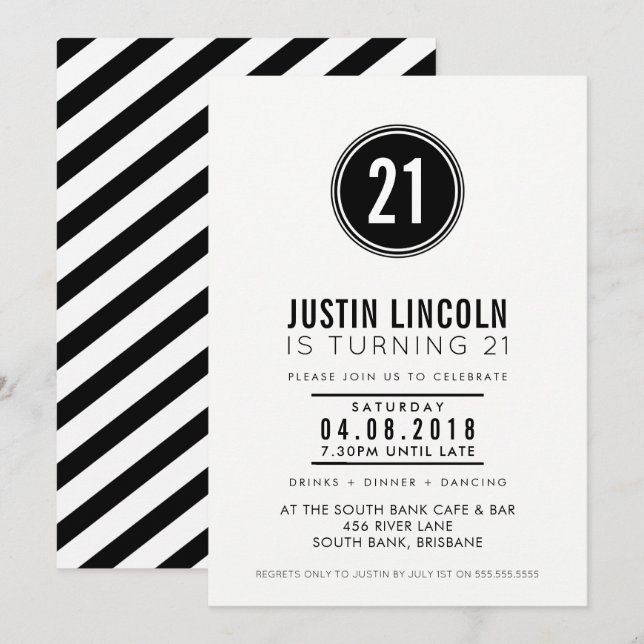 MODERNE 21E anniversaire INVITATION simple tache n (Devant / Derrière)