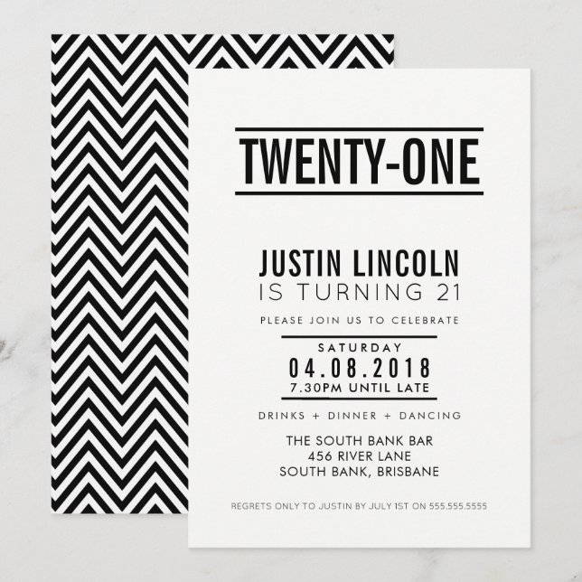 MODERNE 21E anniversaire INVITATION sobre noir (Devant / Derrière)