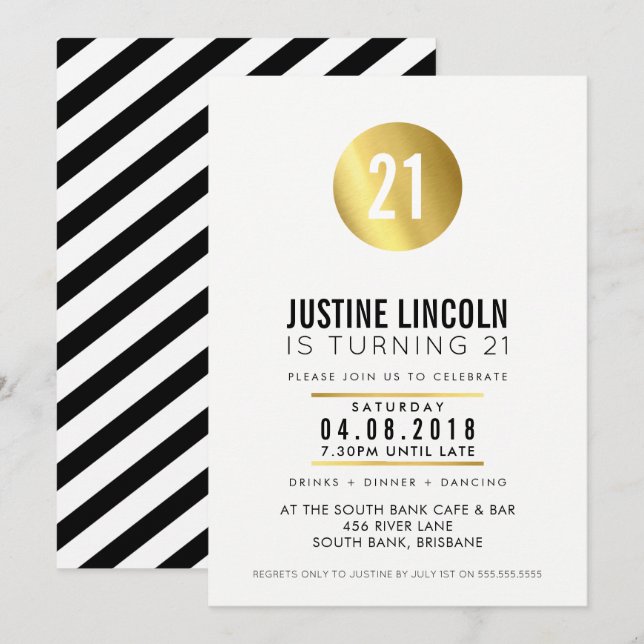MODERNE 21E anniversaire INVITATION tache or noir (Devant / Derrière)