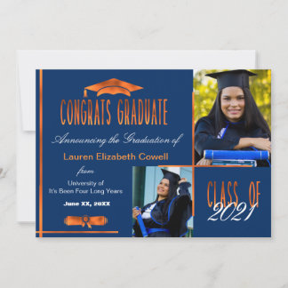 Moderne 2 Photo Bleu & Orange Graduate Faire-part