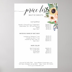 Moderne, affiche de liste de prix florale