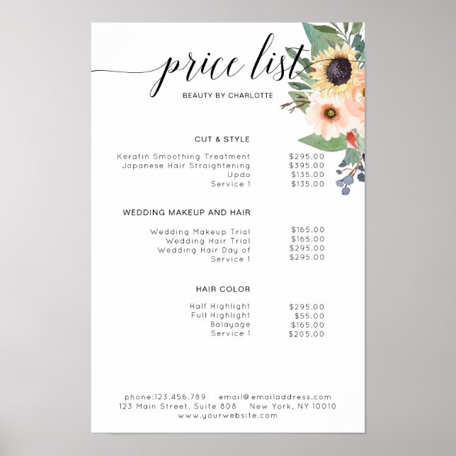 Moderne, affiche de liste de prix florale (Devant)