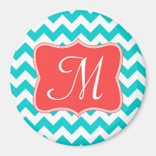 Moderne Aqua Coral Chevron Monogramme Aimant initi