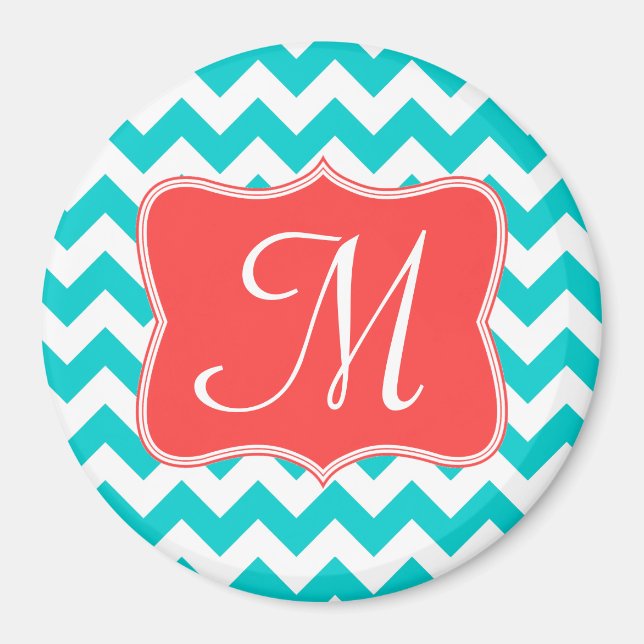 Moderne Aqua Coral Chevron Monogramme Aimant initi (Devant)