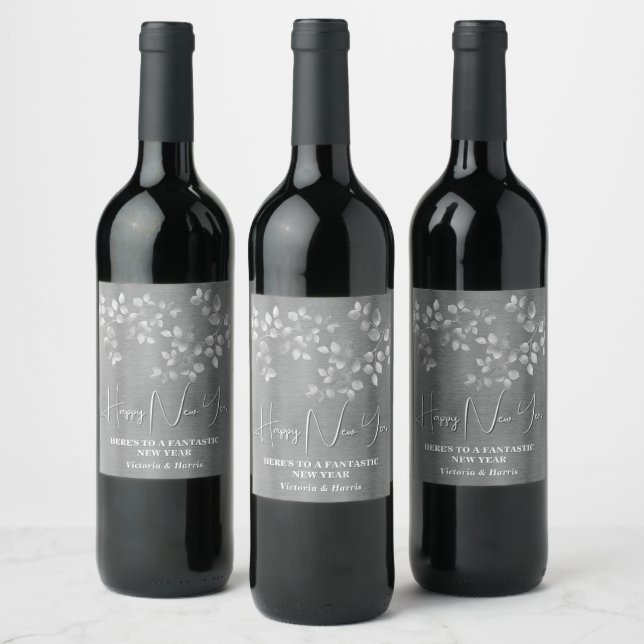 Moderne Argent Floral Nouvel An Eve Vin Étiquette (Bouteilles)