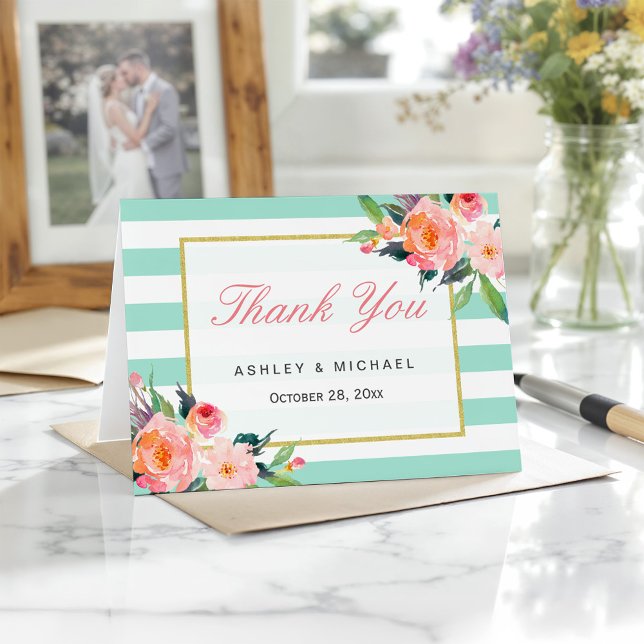 Moderne Bandes Vert Menthe Élégant Floral Merci (Créateur téléchargé)