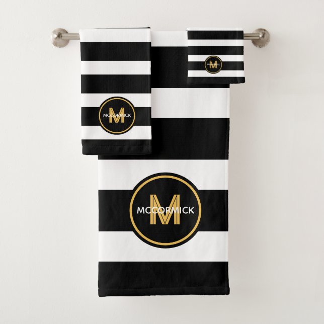 Moderne Black White Stripes Gold Family Monogramme (En situation)