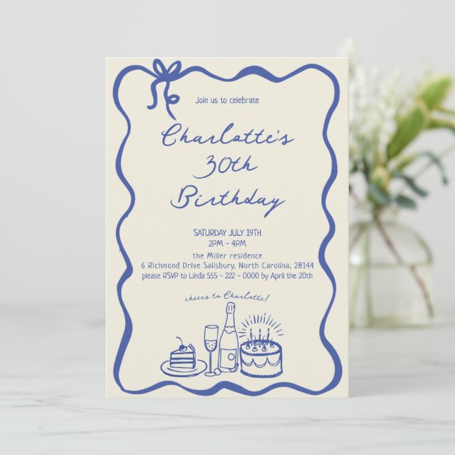 MODERNE BLEU main tiré 30e anniversaire Invitation (Debout devant)